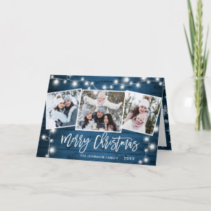 Modern Merry Christmas Rustic  3 PHOTO Greeting Holiday Card