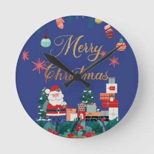 Modern merry christmas- santa claus & gift holiday round clock