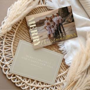 Modern Merry Christmas Script Beige 1 Photo Gold 