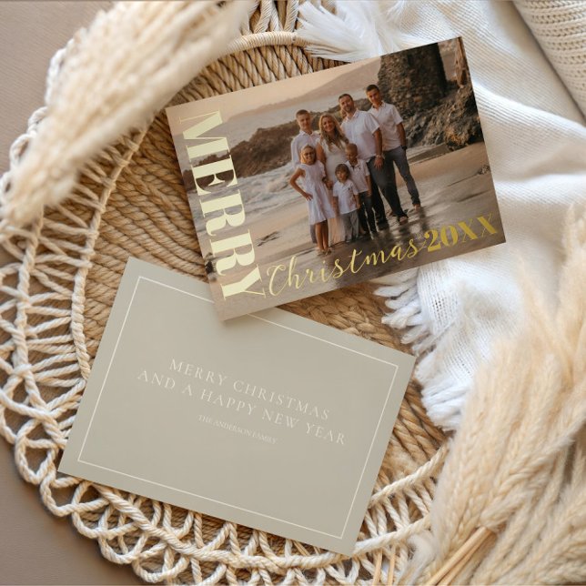 Modern Merry Christmas Script Beige 1 Photo Gold  (Creator Uploaded)