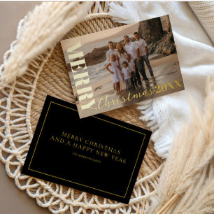 Modern Merry Christmas Script Black 1 Photo Gold 