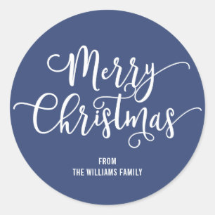 Modern Merry Christmas Script Blue Round Sticker