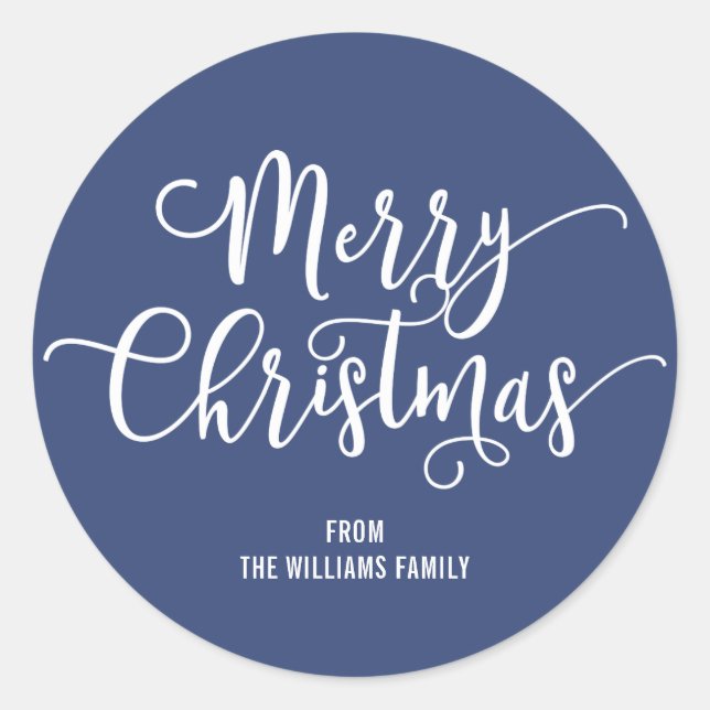 Modern Merry Christmas Script Blue Round Sticker (Front)