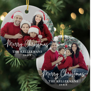 Modern Merry Christmas Script Custom Family Photo Ceramic Tree Decoration