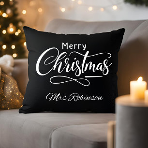 Modern Merry Christmas Script Custom Name Cushion