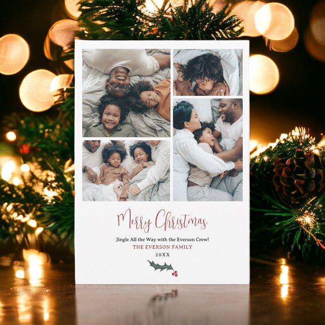 Modern merry Christmas script family 5 photos Holiday Card (Modern merry Christmas script family 5 photos Holiday Card)