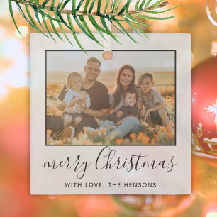 Modern Merry Christmas Script Family Photo Glass Tree Decoration