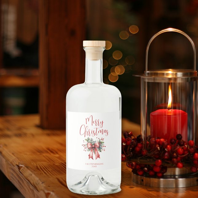Modern Merry Christmas Script Holly Bow Liquor Bottle Label (Creator Uploaded)