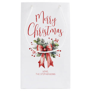 Modern Merry Christmas Script Holly Bow Name Small Gift Bag