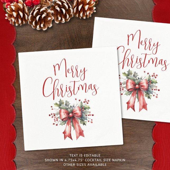 Modern Merry Christmas Script Holly Bow Napkin (Creator Uploaded)