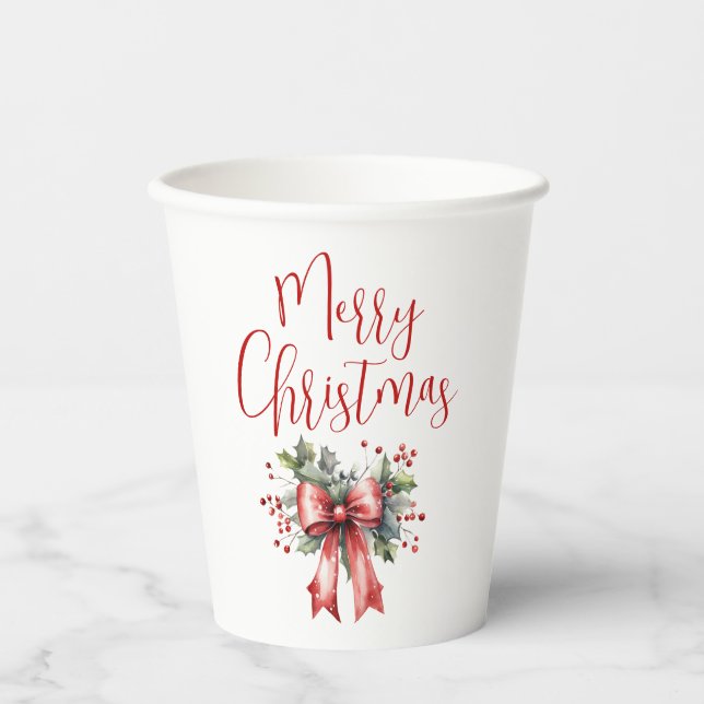 Modern Merry Christmas Script Holly Bow Paper Cups (Front)
