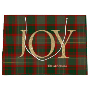 Modern Merry Christmas script Joy tartan red Large Gift Bag