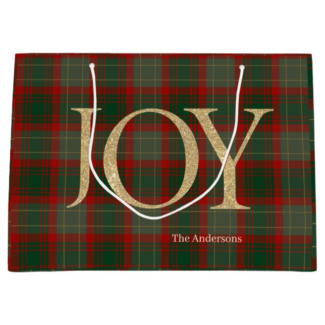 Modern Merry Christmas script Joy tartan red Large Gift Bag (Front)