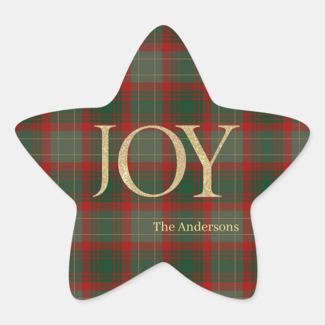 Modern Merry Christmas script Joy tartan red Star Sticker (Front)