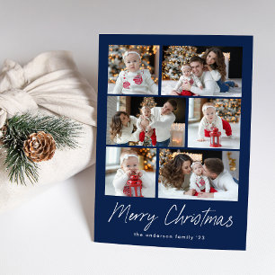 Modern Merry Christmas Script Navy 6 Photo Collage Holiday Card