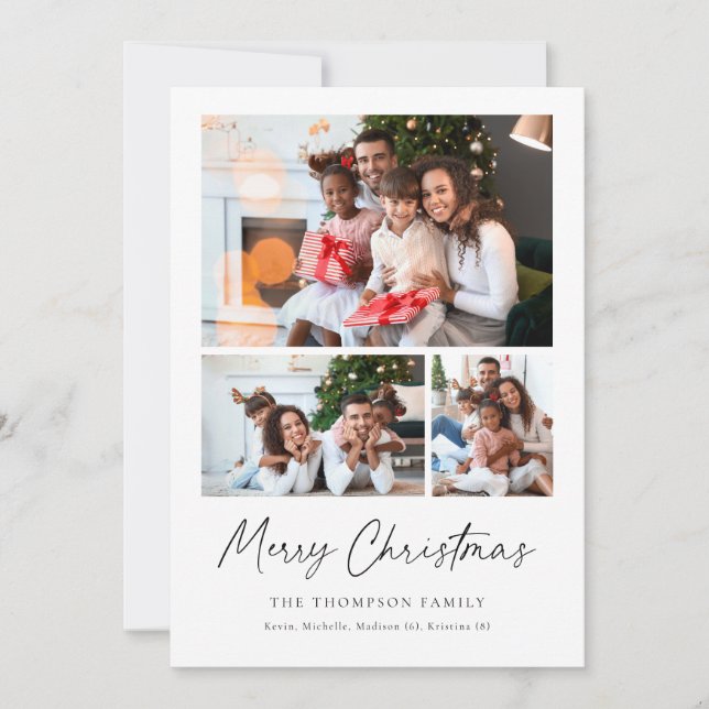 Modern Merry Christmas Script Photo Collage Holiday Card (Front)