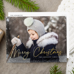 Modern Merry Christmas Script Photo Foil Holiday Postcard