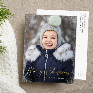 Modern Merry Christmas Script Photo Foil Holiday Postcard