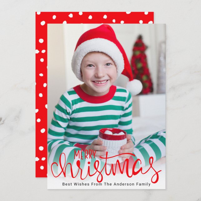 Modern Merry Christmas Script Photo Holiday Card (Front/Back)