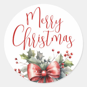 Modern Merry Christmas Script Red Bow Classic Round Sticker