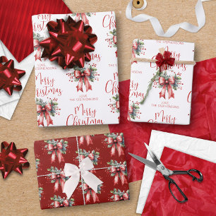 Modern Merry Christmas Script Red Bow Holly Name Wrapping Paper Sheet