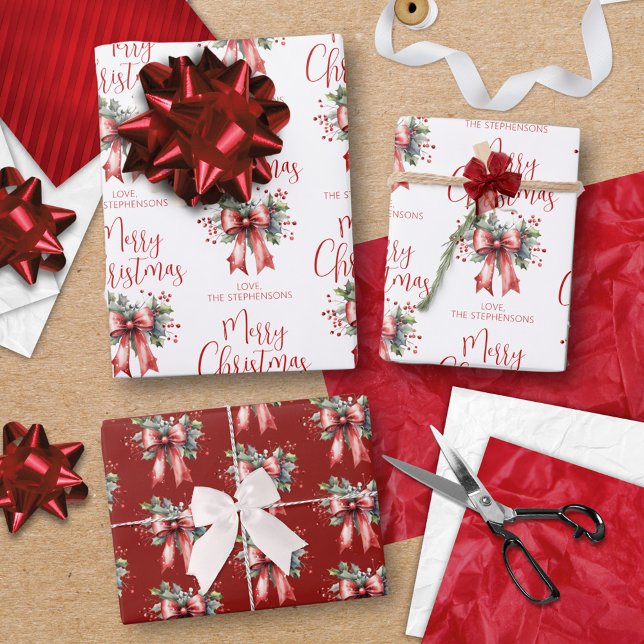 Modern Merry Christmas Script Red Bow Holly Name Wrapping Paper Sheet (Creator Uploaded)