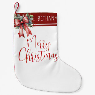 Modern Merry Christmas Script Red Bow Name Small Christmas Stocking