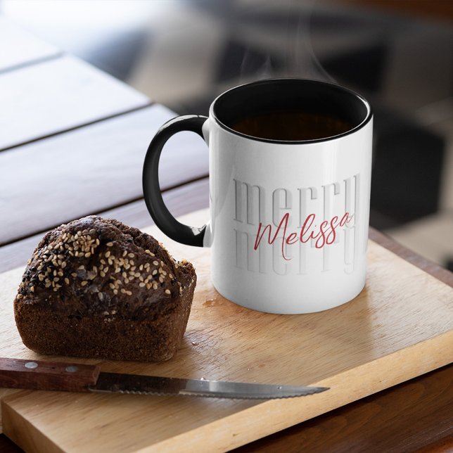 Modern Merry Christmas Script Simple Mug (Simple minimalist Merry Christmas Block lettering custom mug.)