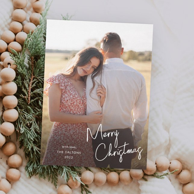Modern Merry Christmas Script Simple Photo Holiday Card (Modern handwritten merry christmas script photo holiday card.)
