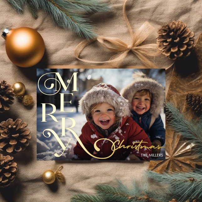 Modern Merry Christmas Script Typography 1 Photo (Modern Merry Christmas Script Typography 1 Photo Foil Holiday Card)