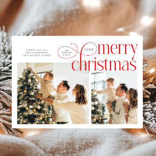 Modern Merry Christmas simple 2 photos family  Holiday Card