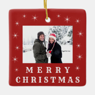 Modern Merry Christmas Snow Family Photo Red Ceramic Ornament
