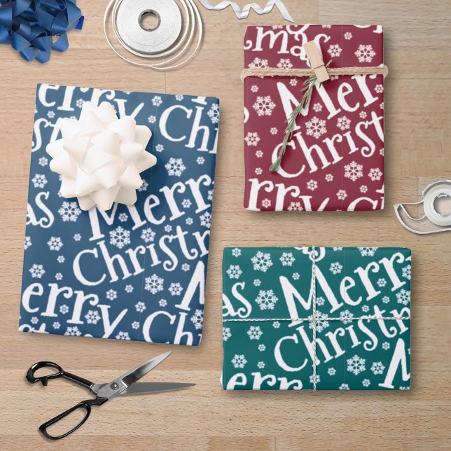 Modern MERRY CHRISTMAS Snowflake Red Green Blue Wrapping Paper Sheet (Creator Uploaded)