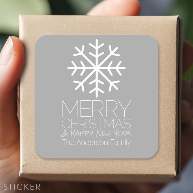 Modern Merry Christmas Snowflake - silver grey Square Sticker (Custom sticker)