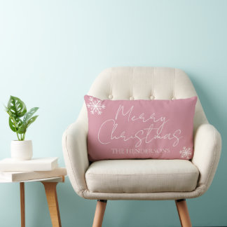 Modern Merry Christmas Snowflakes Family Name Lumb Lumbar Cushion