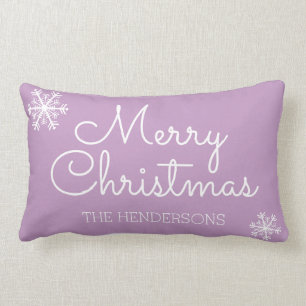Modern Merry Christmas Snowflakes Family Name Lumbar Cushion