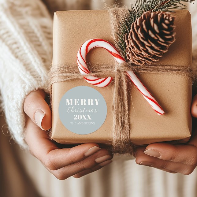 Modern Merry Christmas Soft Blue Holiday Packaging Classic Round Sticker (Creator Uploaded)