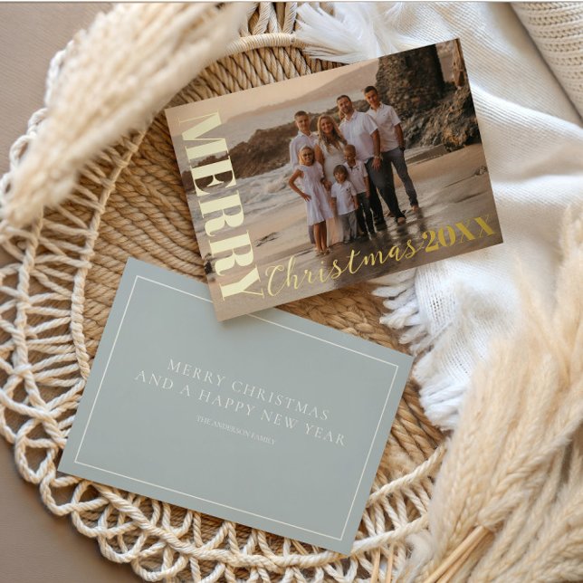 Modern Merry Christmas Soft Blue One Photo Gold  (Creator Uploaded)