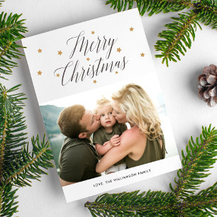 Modern Merry Christmas Starry Script 2 Photos Holiday Card