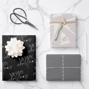 Modern Merry Christmas Tree Black White Wrapping Paper Sheet
