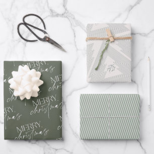 Modern Merry Christmas Tree Green Wrapping Paper Sheet