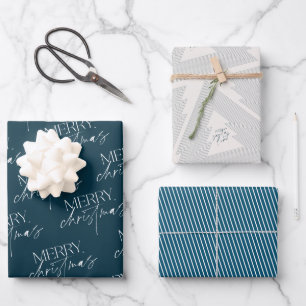 Modern Merry Christmas Tree Navy Wrapping Paper Sheet