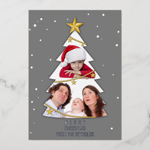 Modern Merry Christmas Tree Photo Collage Grey