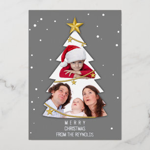 Modern Merry Christmas Tree Photo Collage Grey