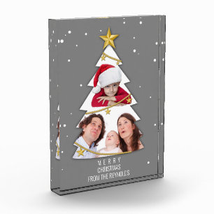 Modern Merry Christmas Tree Photo Collage Grey Block