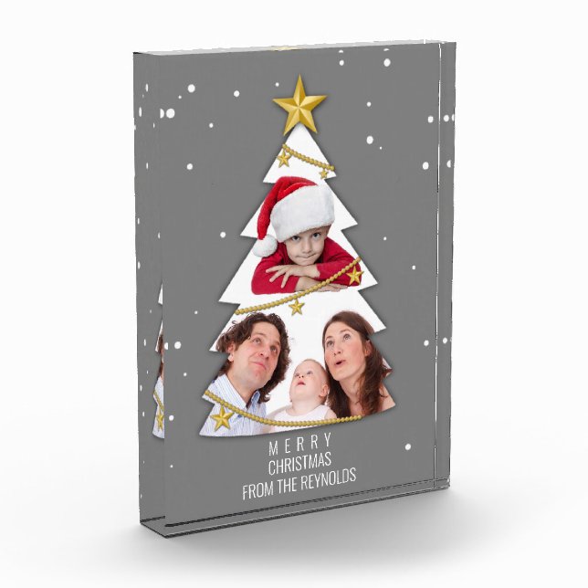 Modern Merry Christmas Tree Photo Collage Grey Block (Left)