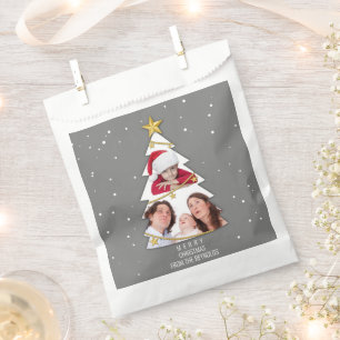 Modern Merry Christmas Tree Photo Collage Grey Favour Bags