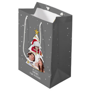 Modern Merry Christmas Tree Photo Collage Grey Medium Gift Bag