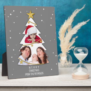 Modern Merry Christmas Tree Photo Collage Grey Plaque