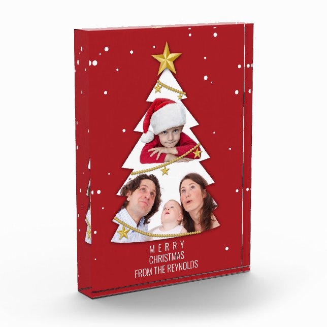 Modern Merry Christmas Tree Photo Collage Red Block (Left)